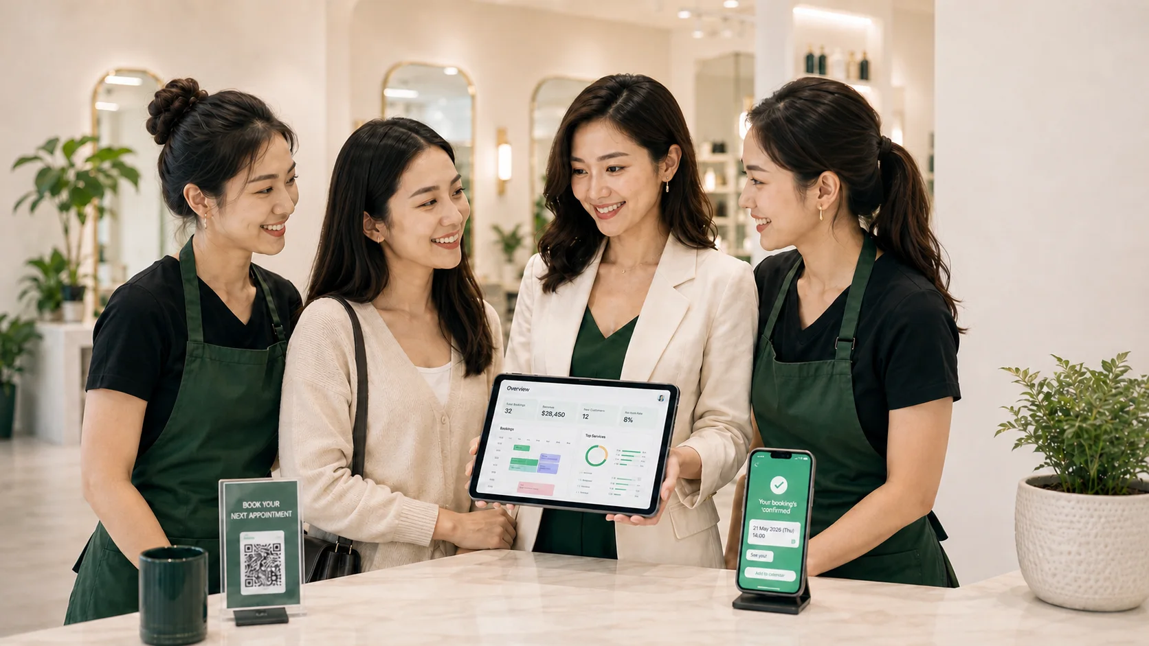 Thai salon team showing a Jongi dashboard to a client