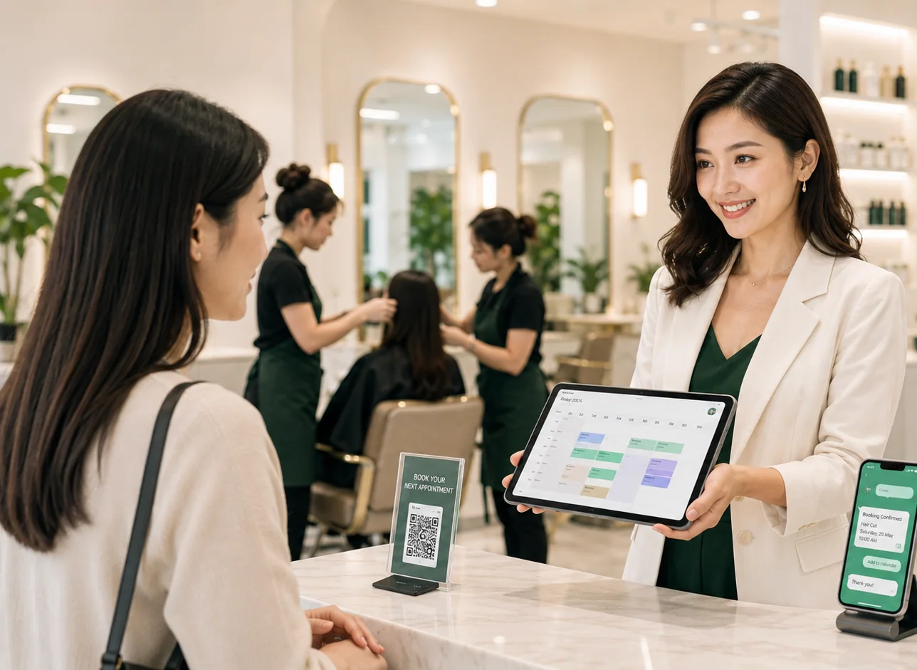 Thai salon owner showing a Jongi booking calendar to a client